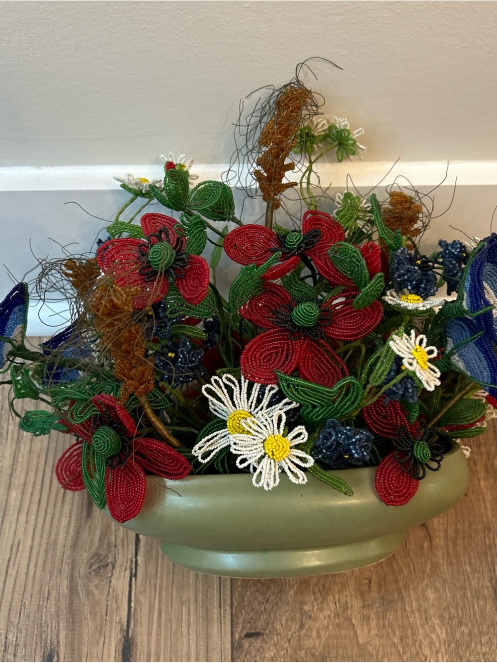 Vintage French Glass Seed Bead Floral Arrangement handmade Floraline Bowl